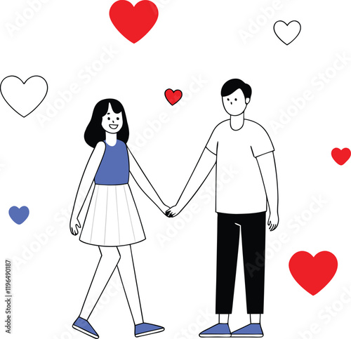 A cheerful, cartoon-style illustration of a young woman and man holding hands, set against a plain white background.