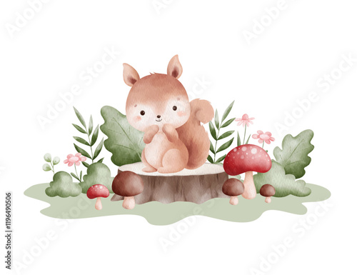 Watercolor Illustration Squirrel and Nature Elements