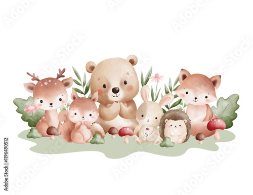 Watercolor Illustration Woodland Animals and Nature Elements