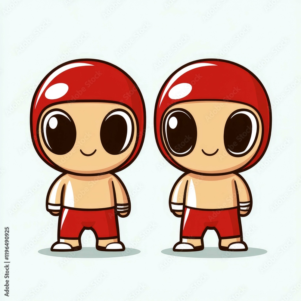 Fototapeta premium Adorable Cartoon Boxer Twins: Cute Red Helmet, Happy Smiling Faces, Ready to Fight. Perfect for Kids' Sports, Fitness, and Fun Designs