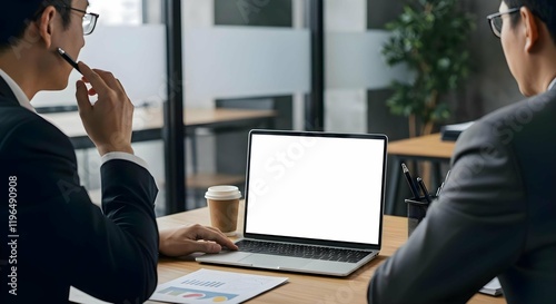 Business Professionals Discussing Work Tasks with Blank Laptop Screen Mockup in Modern Office Setting 16