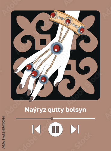 Kazakh text "Happy Nauryz day!" Spring equinox holiday in Kazakhstan. Female hand with Kazakh national jewellery. Pefrect card for Nauryz greetings