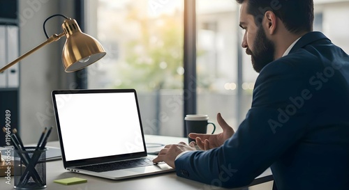 Business Professionals Discussing Work Tasks with Blank Laptop Screen Mockup in Modern Office Setting 15