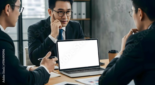 Business Professionals Discussing Work Tasks with Blank Laptop Screen Mockup in Modern Office Setting 14
