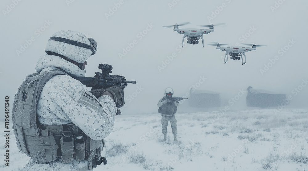 Fototapeta premium A photograph of soldiers in white camouflage, wearing body armor and helmets, standing on a snowy field and shooting at three drones flying overhead. In the background, there is a