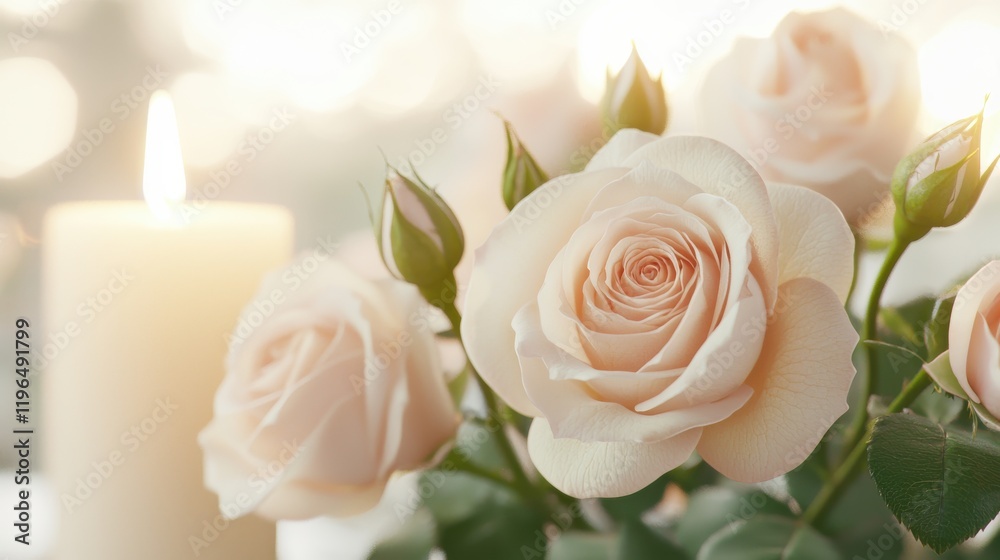 Fototapeta premium Romantic candlelight dinner with roses intimate setting floral arrangement soft glow cozy atmosphere