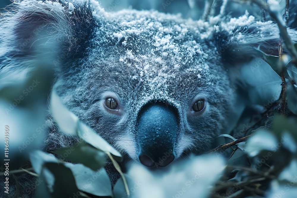 Obraz premium Snowy Koala in Eucalyptus Bush: A Winter Wonderland