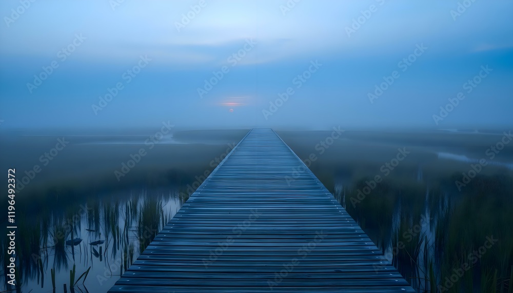 Fototapeta premium a long wooden pier extending into a marsh at dusk