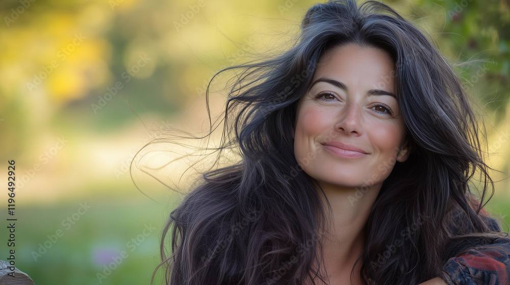 Fototapeta premium Natural beauty confident woman brunette outdoor wellness vibe smiling lifestyle self love empowerment organic hair care skincare brand campaign sunny meadow relaxed feminine copy space banner ad