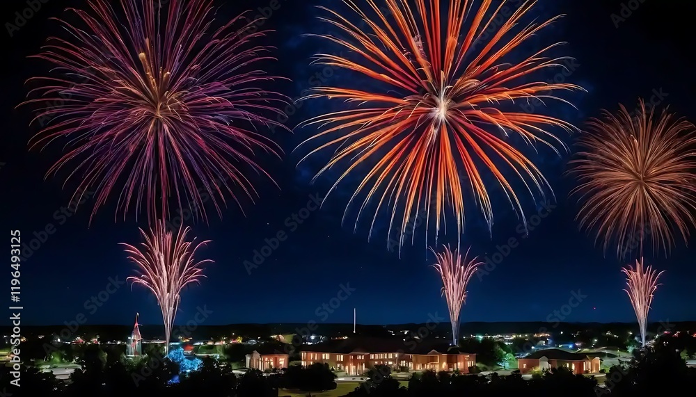 Fireworks Display Over Cityscape Night Scene Fireworks Display Over Cityscape Night Scene