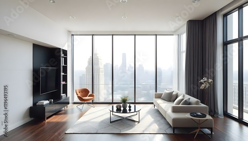 a living room filled with furniture and a large window