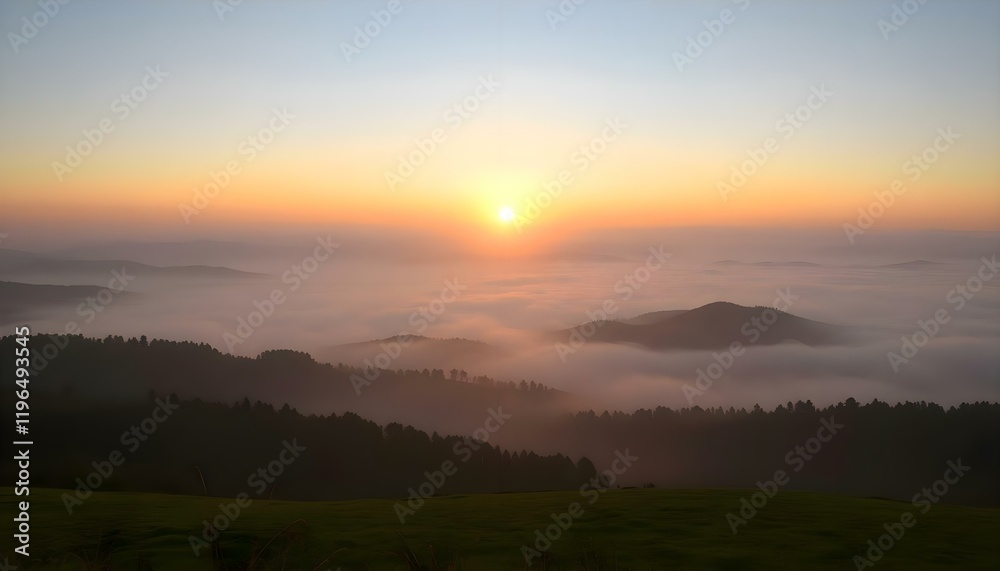 the sun is setting over a foggy valley the sun is setting over a foggy valley