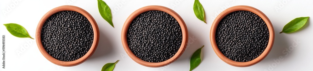 Three terracotta bowls filled with black sesame seeds, surrounded by green leaves on white background. Three terracotta bowls filled with black sesame seeds, surrounded by green leaves on white background.