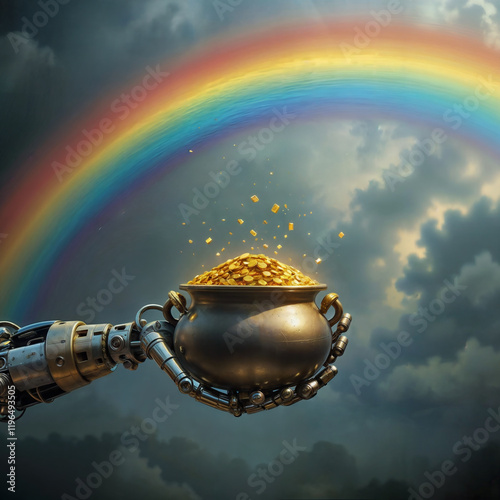 Futuristic St. Patrick’s Day scene with robotic pot of gold