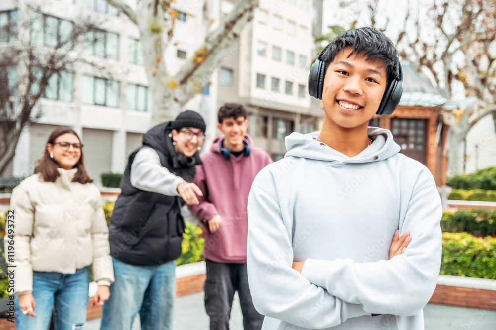 Happy multiracial group of students having fun together in a university campus, a chinese teenager with headphones is smiling with crossed arms and his friends are pointing at him Happy multiracial group of students having fun together in a university campus, a chinese teenager with headphones is smiling with crossed arms and his friends are pointing at him