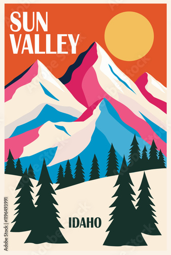 Sun Valley, Idaho, USA Ski Travel Poster in retro style. Snowy mountains landscape digital print. Winter holidays, active lifestyle. Vintage vector colorful illustration.