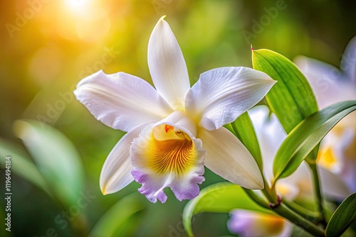 Tilt-Shift Macro Photography: Elegant White Sobralia Orchid with Purple Petals & Yellow Center - Close-up photo