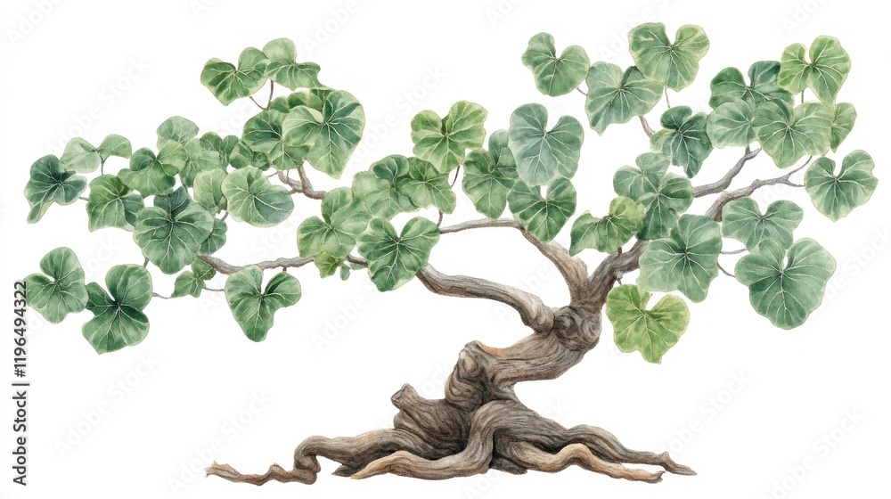 Fototapeta premium Watercolor painting of a bonsai tree with gnarled roots and lush green leaves, isolated on white.