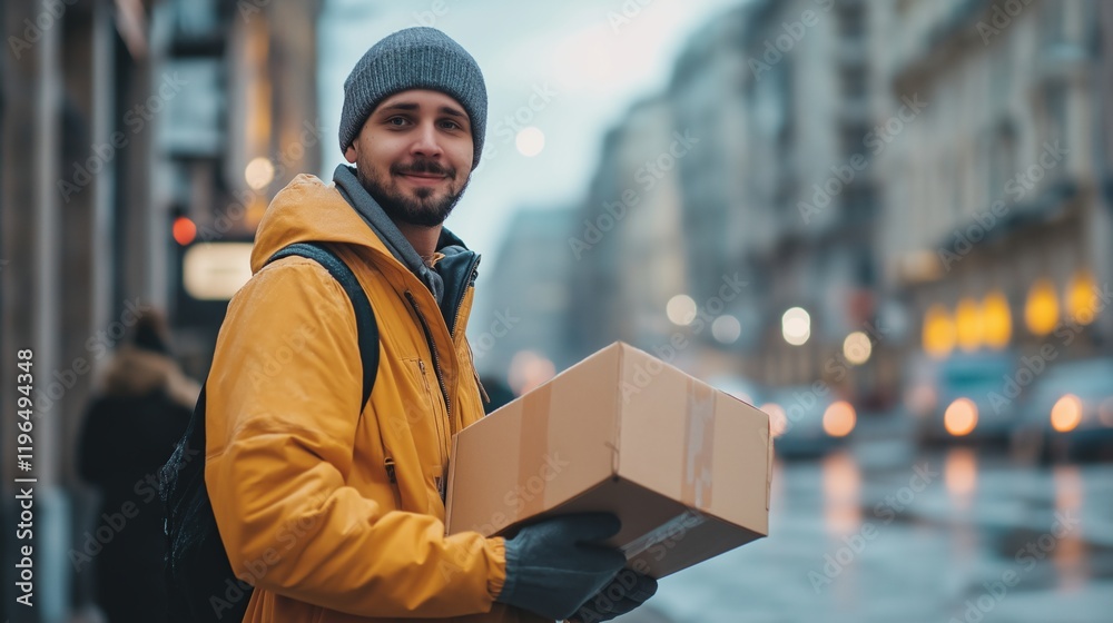 Professional courier with package in city street Professional courier with package in city street