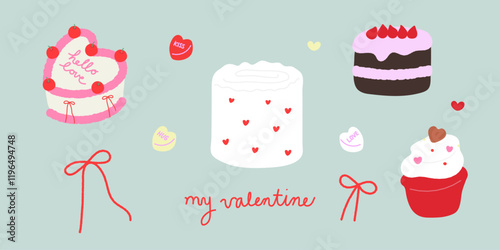 Valentine's Day Cakes Ribbons and Candies Vector Illustration