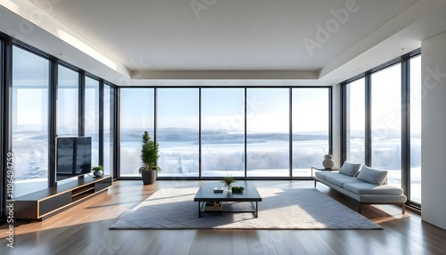 a living room filled with furniture and large windows