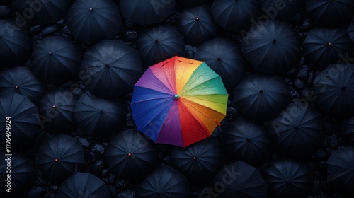 Unique Rainbow Umbrella Stands Out Amongst Numerous Dark Umbrellas in the Rain