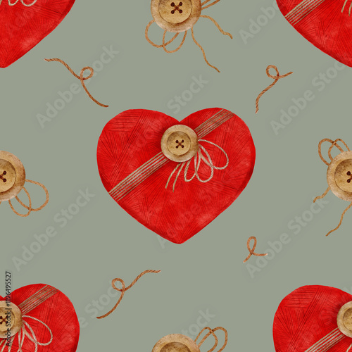 Seamless pattern with watercolor red hearts and twine bows, buttons