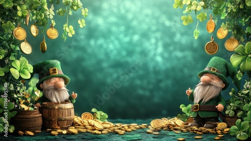St. Patrick's Day digital background, with gold coins and a pot of gold, surrounded by leprechauns and clover leaves hanging on the sides. Digital art, featuring cute gnomes.