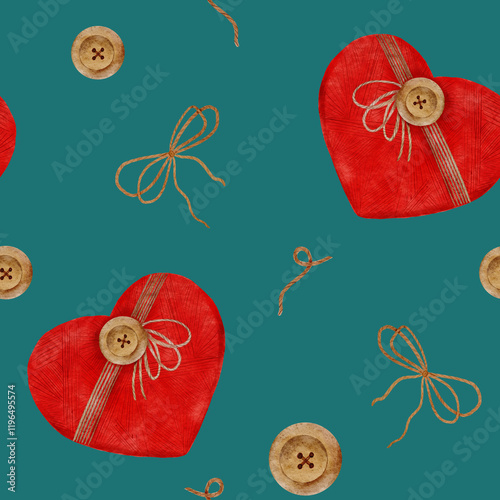 Seamless pattern with watercolor red hearts and twine bows, buttons