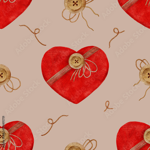 Seamless pattern with watercolor red hearts and twine bows, buttons