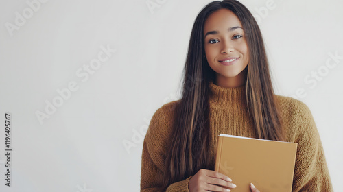 Asian Woman Holding a Note in a Cozy Setting photo