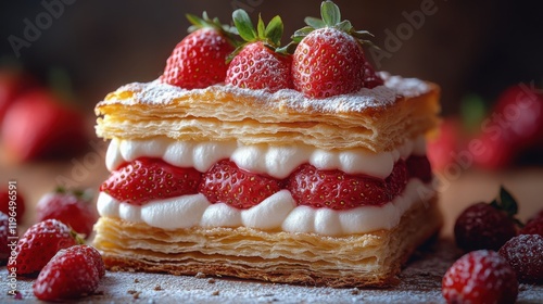 Delicious Strawberry Puff Pastry Mille-feuille Dessert.