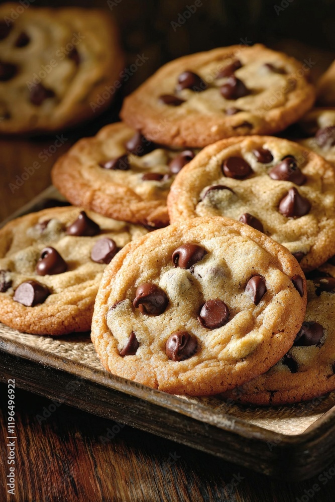 Close-up of freshly baked chocolate chip cookies with gooey centers, styled on a rustic tray Close-up of freshly baked chocolate chip cookies with gooey centers, styled on a rustic tray