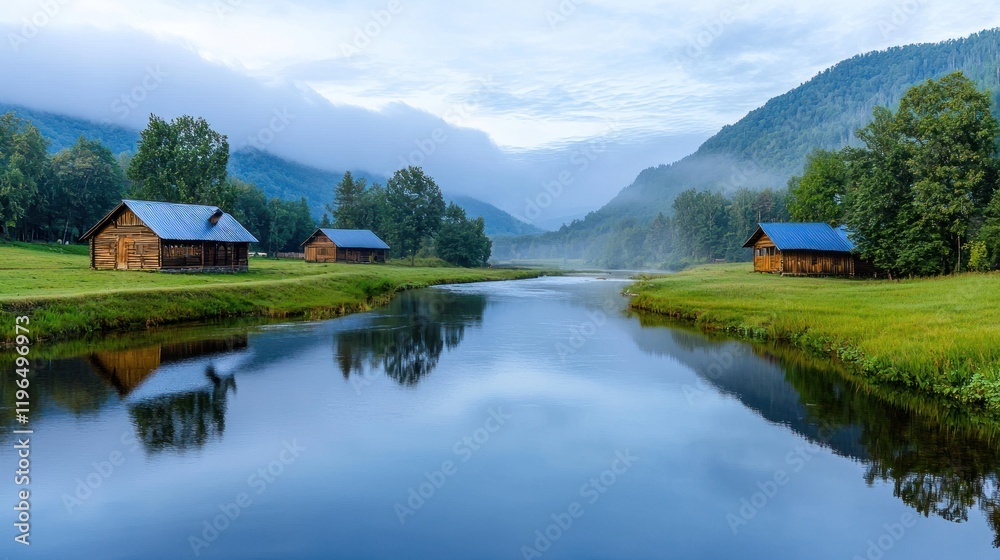 Fototapeta premium Misty Mountain River and Houses
