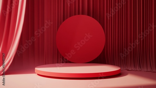 Red circular podium and curtain backdrop.