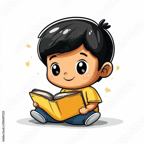 Adorable Cartoon Boy Joyfully Reading a Book: Fostering a Love for Literature in Children photo