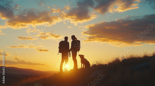 silhouette of a couple walking on the sunset with a dog