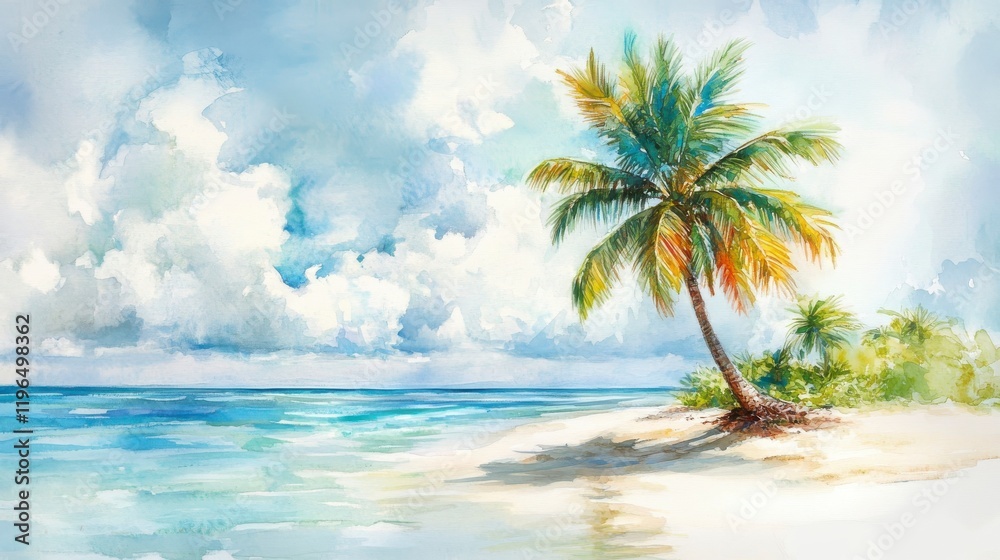 Watercolor palm tree, island, beach, sand isolated on white background. Hand painting on paper. Watercolor palm tree, island, beach, sand isolated on white background. Hand painting on paper.