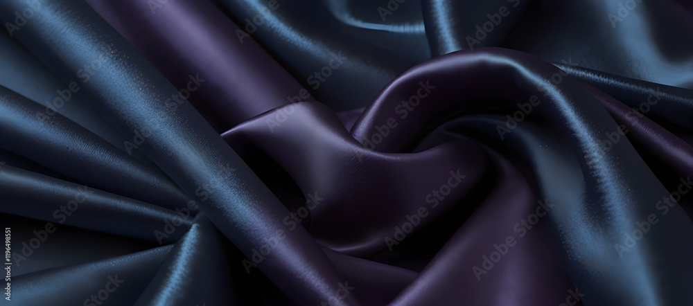 Obraz premium Black drapery silk fabric luxury background. Wavy abstract satin cloth vector texture pattern. Smooth shiny drape material curtain. Elegant velvet curve motion image realistic horizontal design.