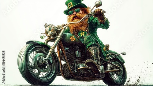a leprechaun riding a motorcycle, white background, digital art style