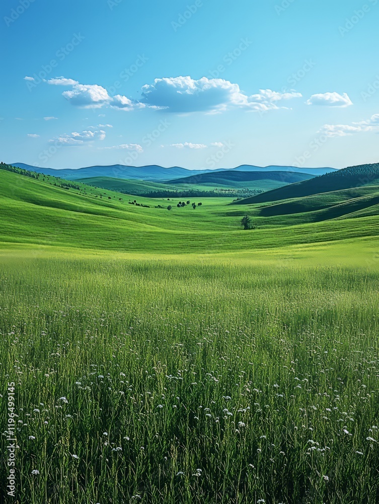 Obraz premium Green grass field at sunset illuminating rolling hills and blue sky