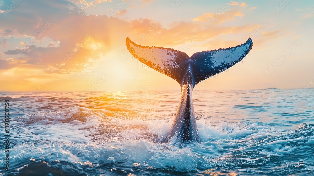 Fototapeta premium Whale tail fluke rising from ocean during vibrant sunset.