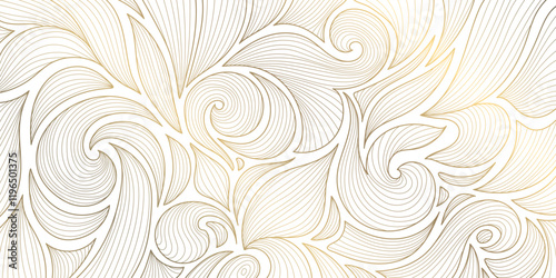 Vector art deco floral pattern, wavy luxury golden line background. Leaves texture, line design for interior, textile, poster, package, wrappers, gifts.