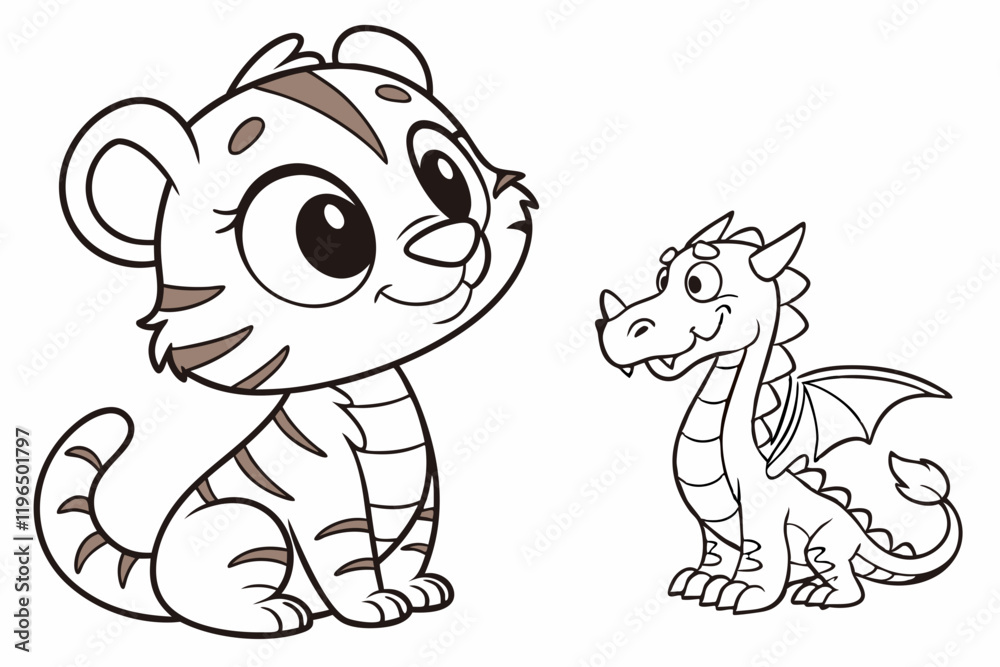 Obraz premium cute dragon and cute baby tiger. Coloring page. Coloring book. Drawing of cute dragon and cute baby tiger isolated on a white background. Vector outline
