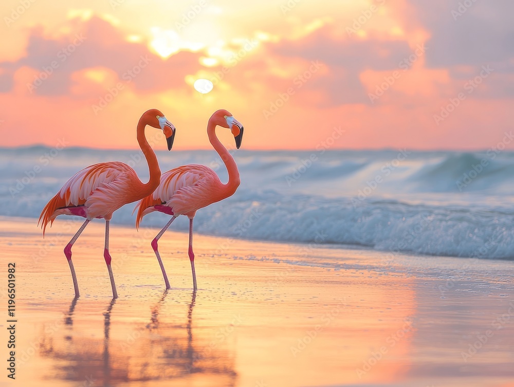 Naklejka premium Flamingos walking on the beach at sunset tropical paradise nature photography serene environment vibrant colors wildlife beauty