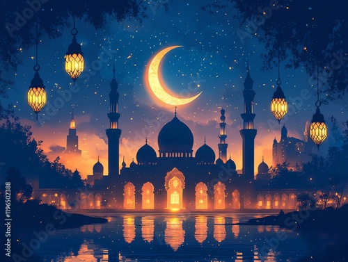 Serene Mosque at Night: Crescent Moon, Lanterns, and Starry Sky photo