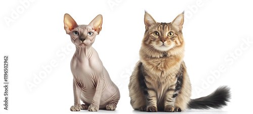 Bald sphynx cat and fluffy long-haired cat side by side on white background, showcasing cat breed diversity, pet contrasts, cat hair allergy awareness
