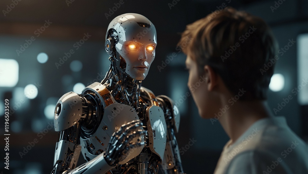 person talking with robotic ai.futuristic technology or machine learning concepts. person talking with robotic ai.futuristic technology or machine learning concepts.