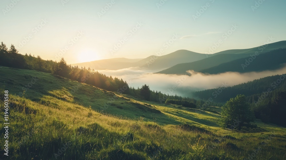 A mountain landscape illuminated by the soft light of the morning sunrise, with mist rising from the valleys.