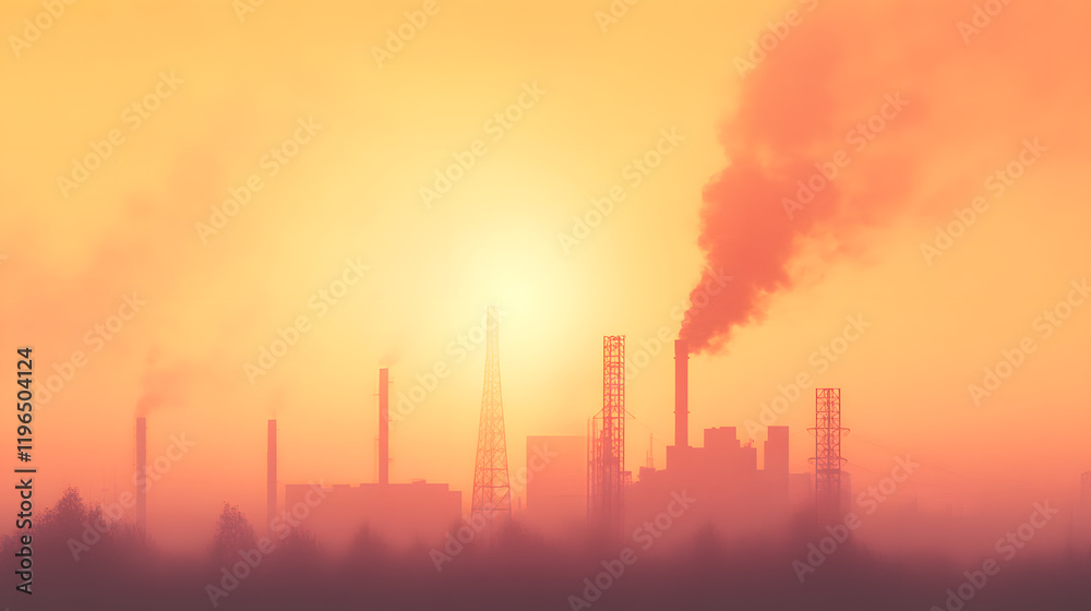 Obraz premium An industrial zone on the outskirts of a city engulfed in a swirling haze of dust and smog. Smoke from chimneys mixes with PM2.5 particles, forming a dense, oppressive cloud that dulls the natural